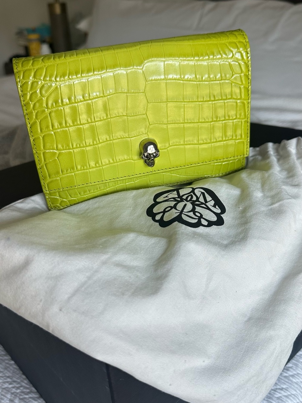 Alexander McQueen Skull-Accent Lime Croc-Embossed Women’s Clutch